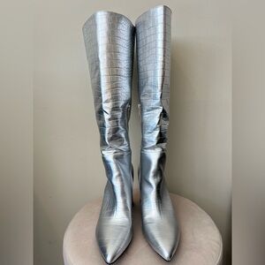 Women’s Knee High Silver Faux Crocodile Boots with block heel, Sz 10. Worn twice